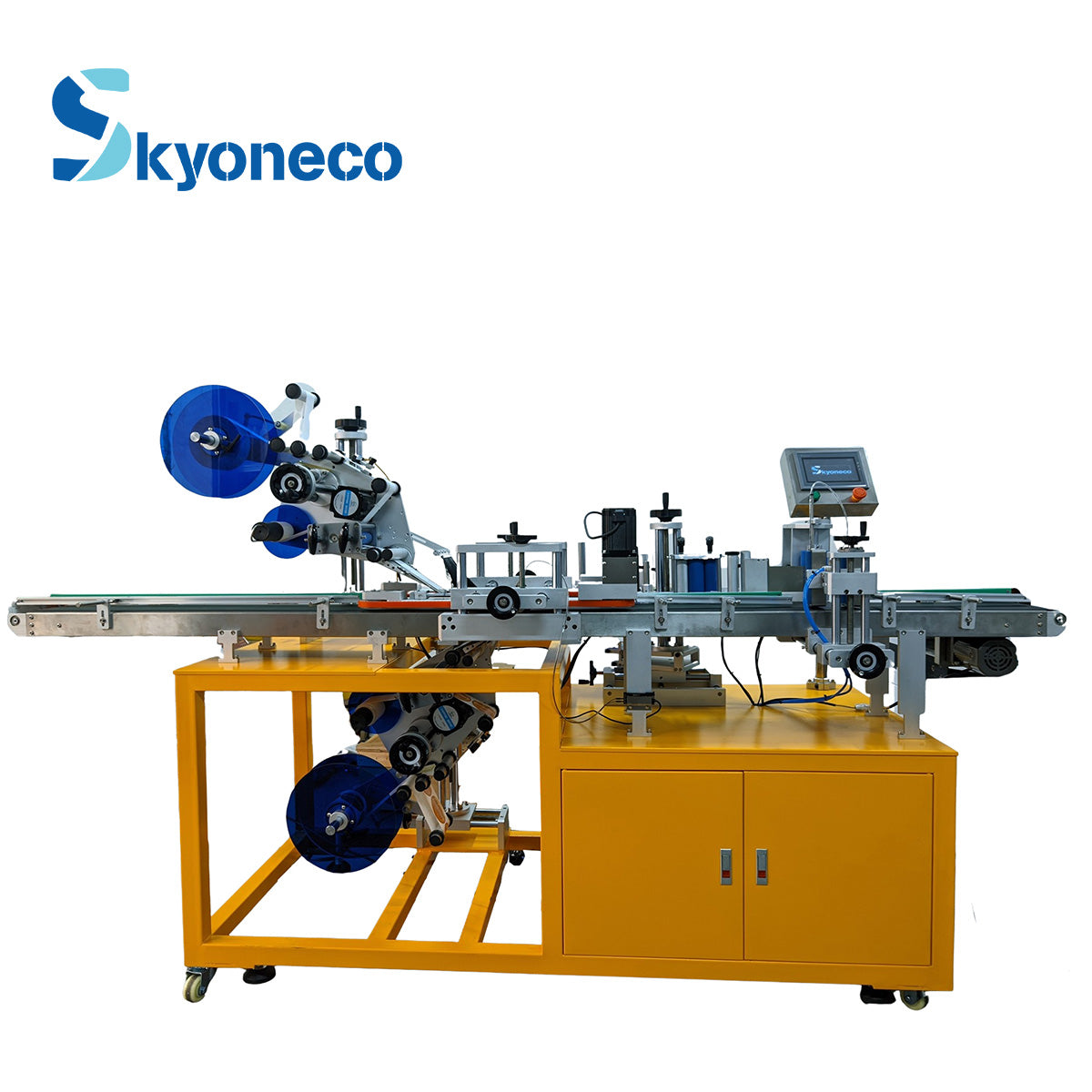 Skyone Automatic Three Sides Top&Bottom Labeling Machine for Round Bottle Can Jar Flat Surface Flat Bottle Square Bottle Box