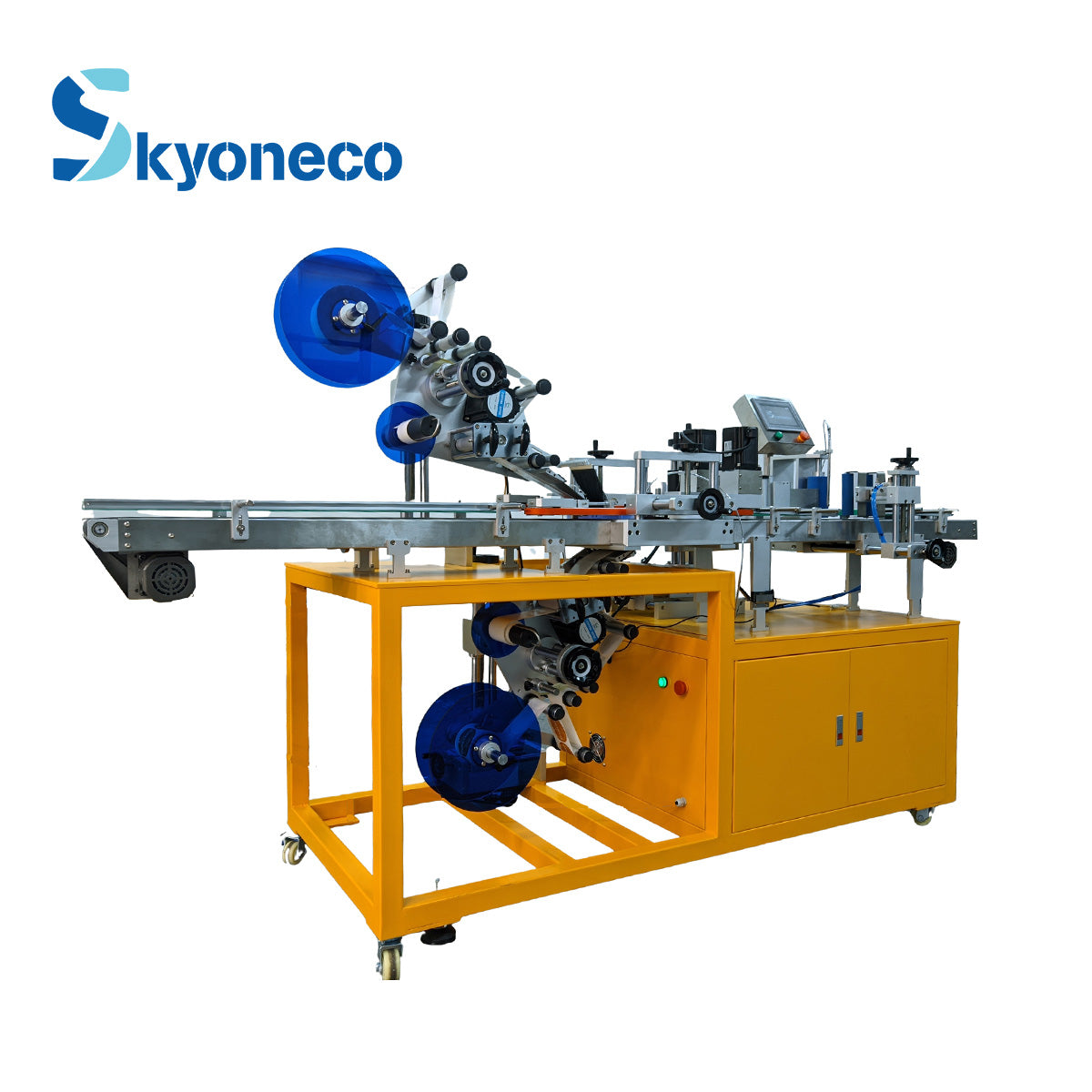 Skyone Automatic Three Sides Top&Bottom Labeling Machine for Round Bottle Can Jar Flat Surface Flat Bottle Square Bottle Box