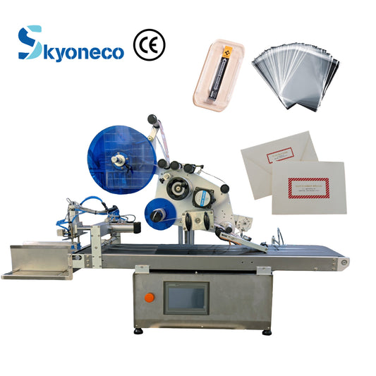 Skyone-900FK High Speed Flat Bag Pouch Labeling Machine Suction Feeder Card Plane Tag Doybag Automatic Labeler Factory Product Box