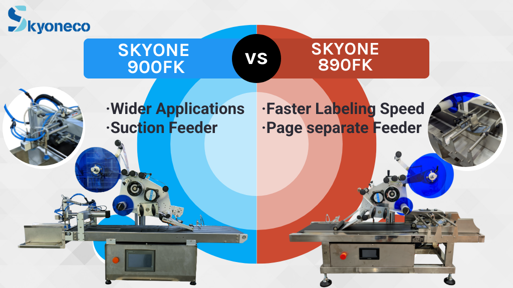Skyone-900FK High Speed Flat Bag Pouch Labeling Machine Suction Feeder Card Plane Tag Doybag Automatic Labeler Factory Product Box
